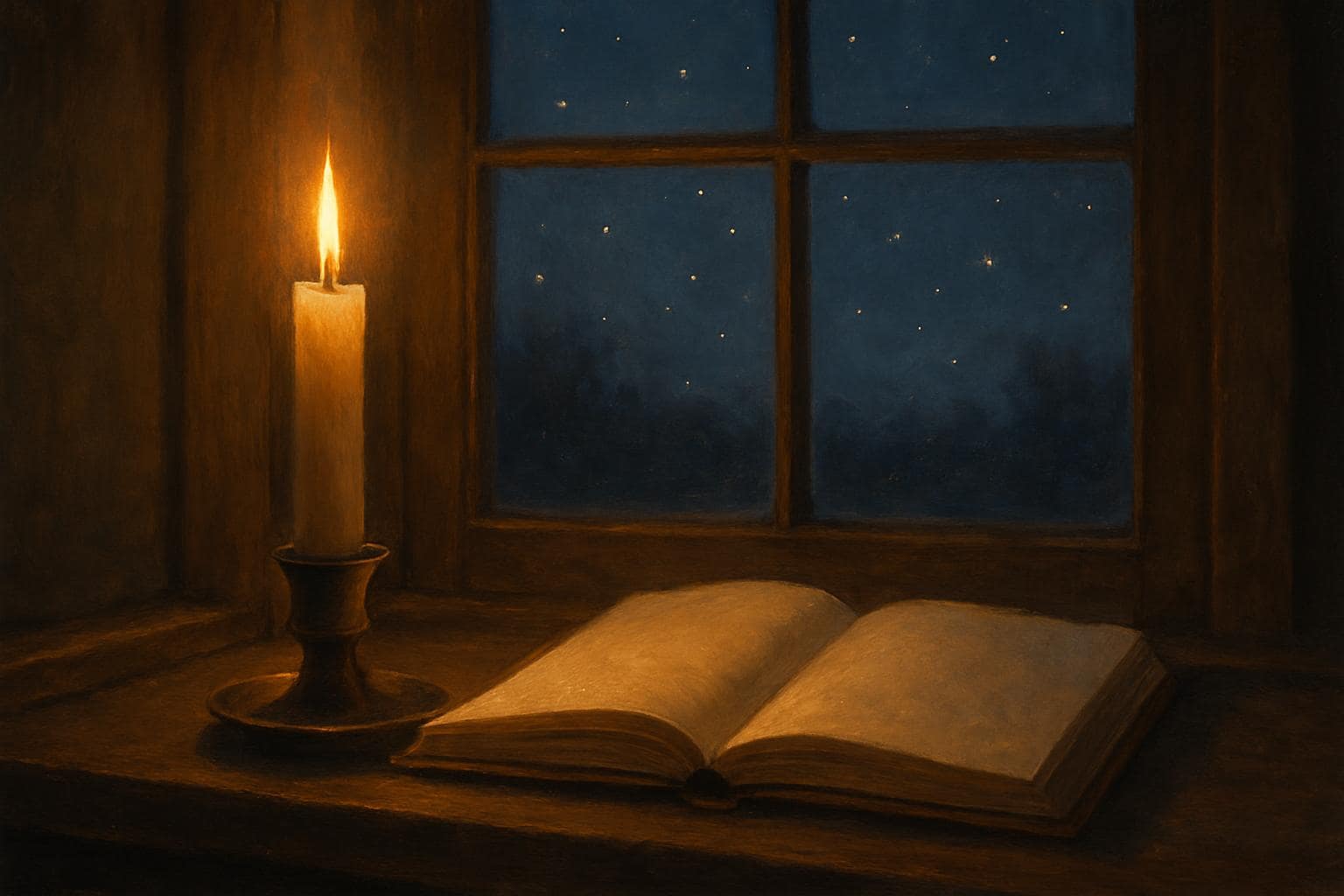 A candle and open journal on a windowsill at dusk, symbolizing quiet reflection and spiritual guidance