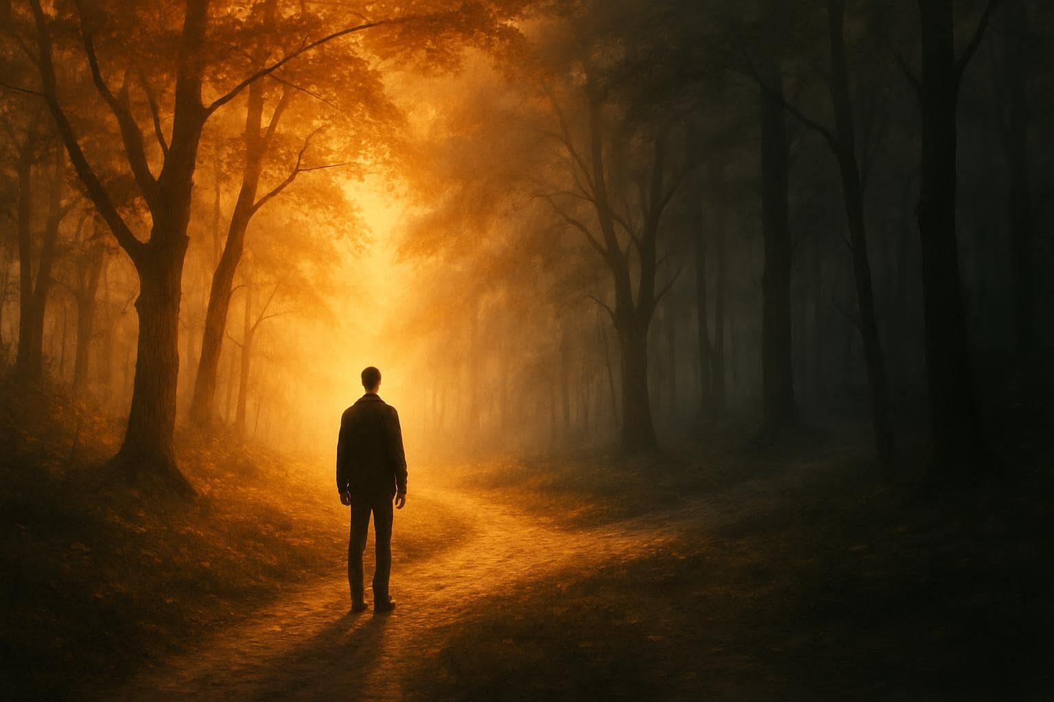 A figure standing at a misty crossroads symbolizing a major life decision and transformation