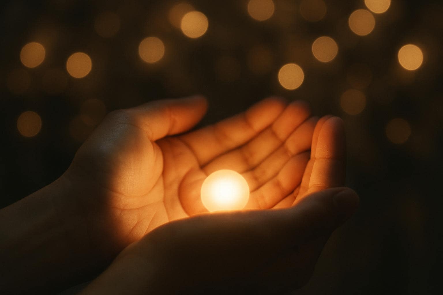 Hands cupping a soft glowing light symbolizing spiritual reflection on angel number meanings