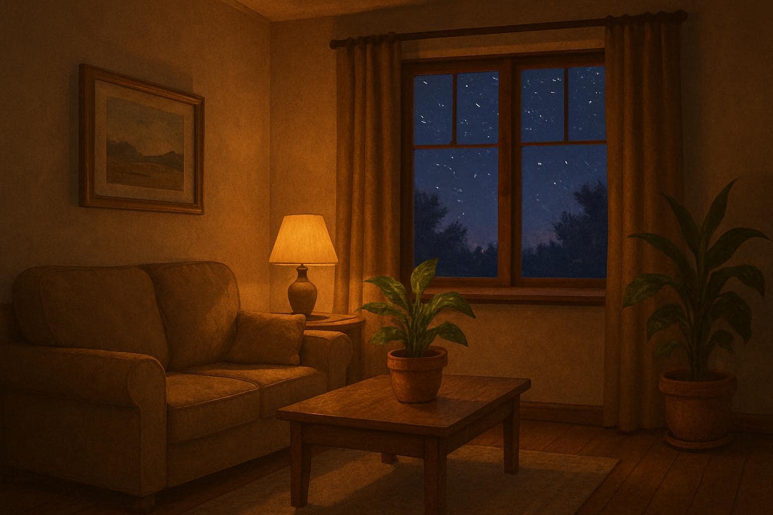 Warmly lit home interior at dusk symbolizing stability and grounded new beginnings