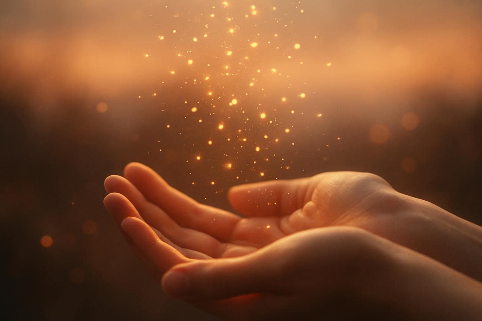 Hands cupped upward catching soft golden light, symbolizing new beginnings and spiritual guidance