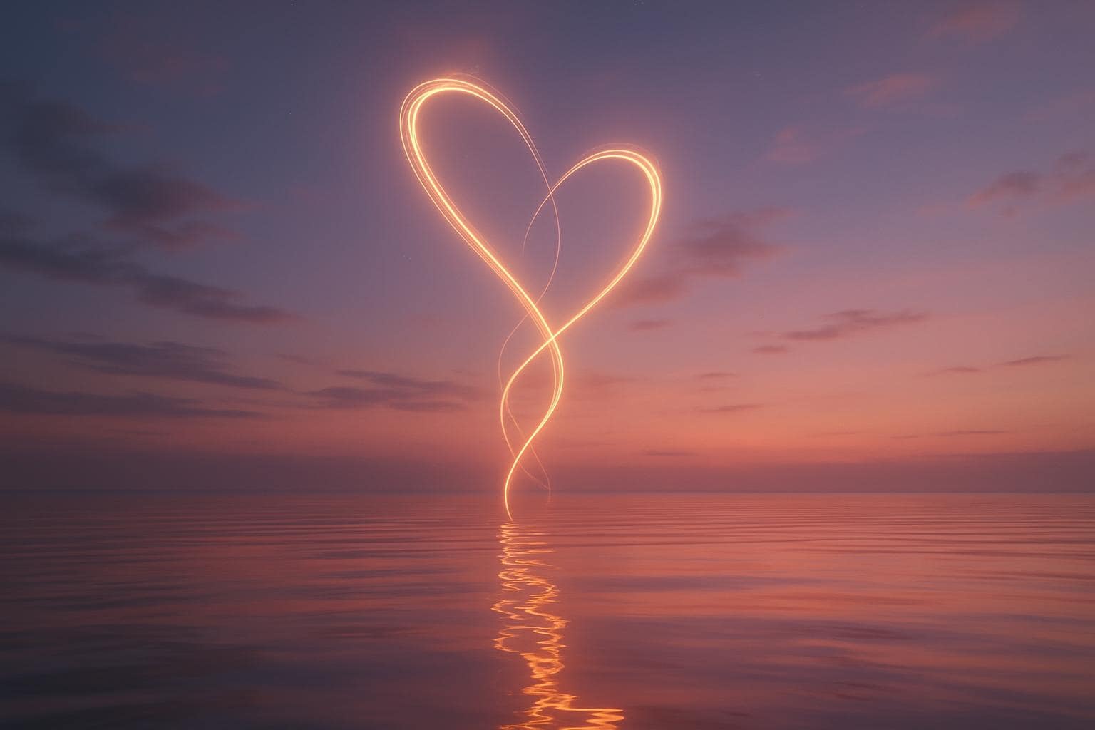 Two glowing light trails intertwining above calm water at twilight, symbolizing connection and twin flame energy
