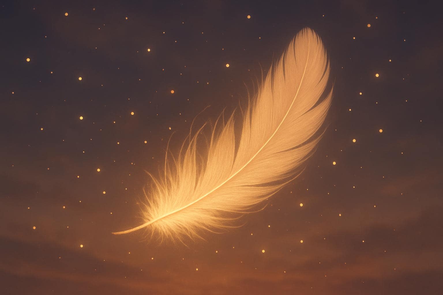 A glowing feather drifting through warm twilight light, symbolizing gentle spiritual change