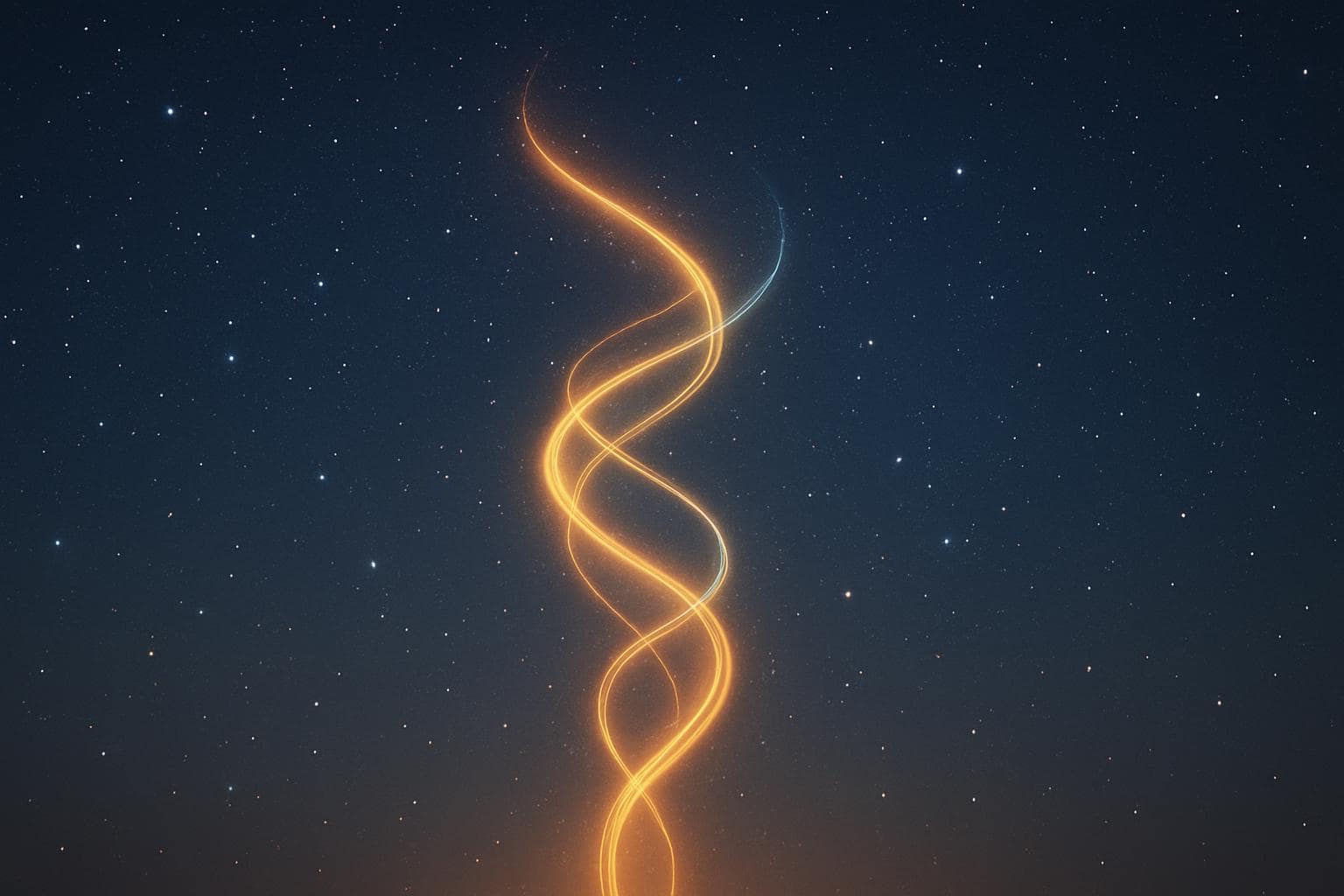 Two light trails spiraling toward each other representing twin flame connection and angel number 1666
