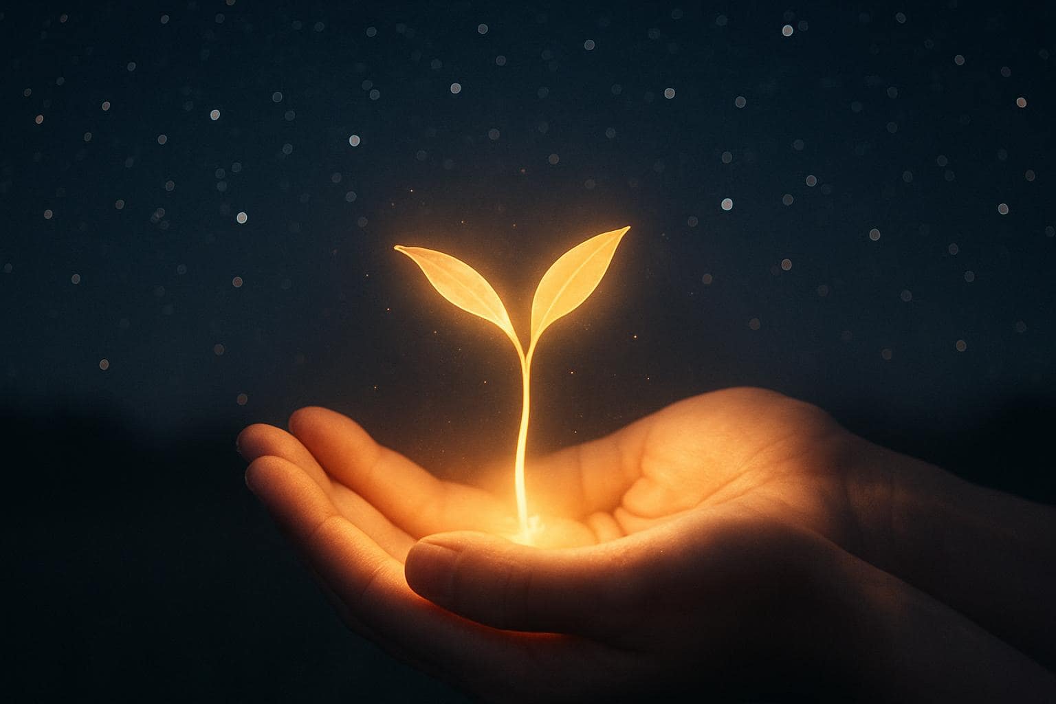 Hands cupping a glowing seedling of light under a starry sky, symbolizing patient growth and stable foundations