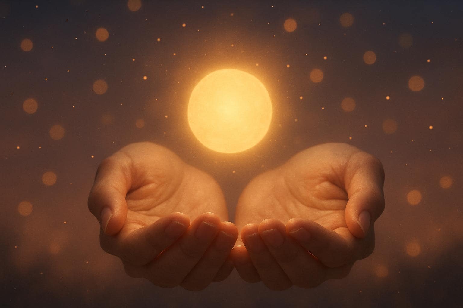 Hands cupped beneath a glowing light representing spiritual openness and new beginnings