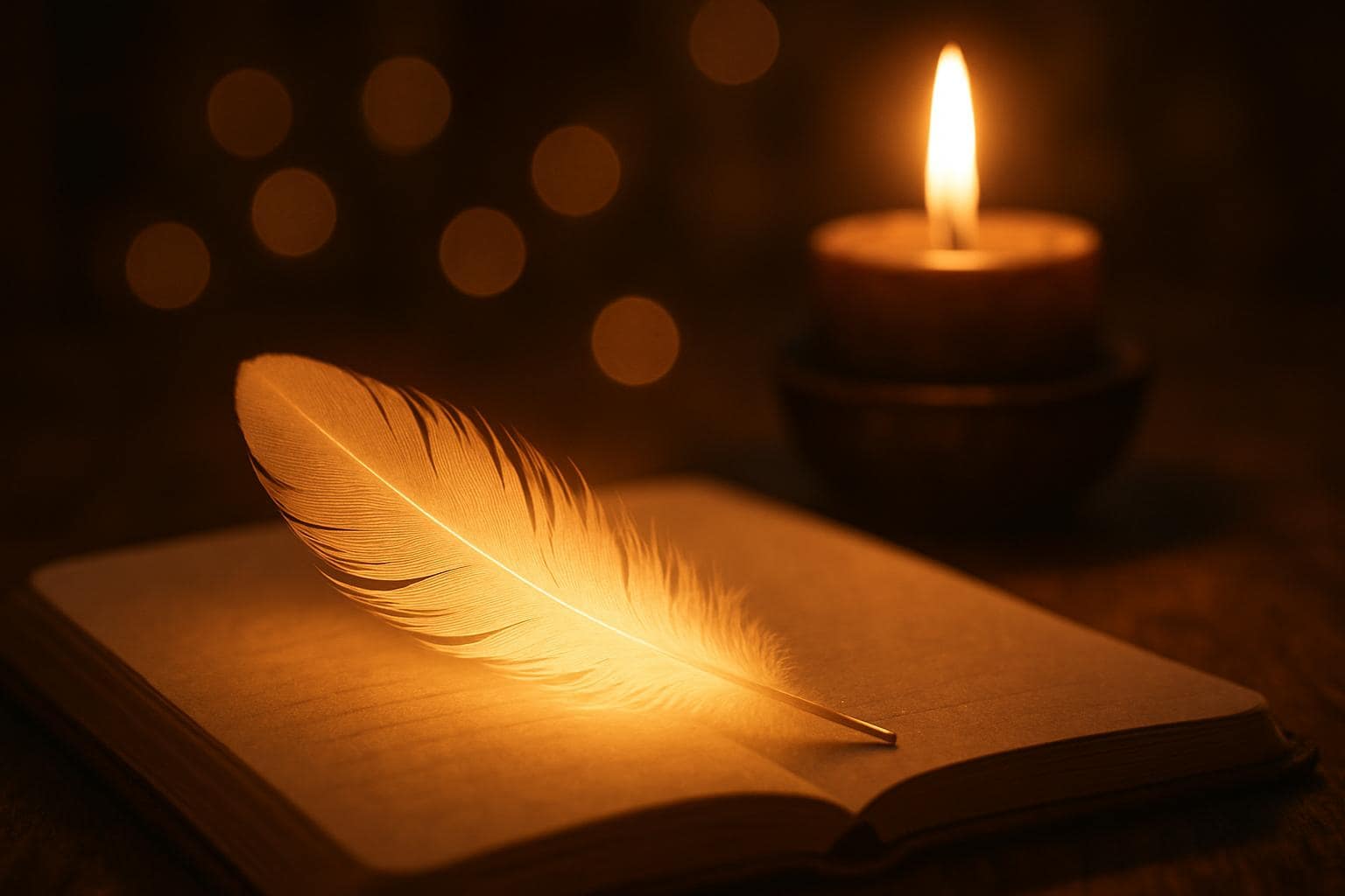 A glowing feather resting on an open journal symbolizing reflection and new beginnings