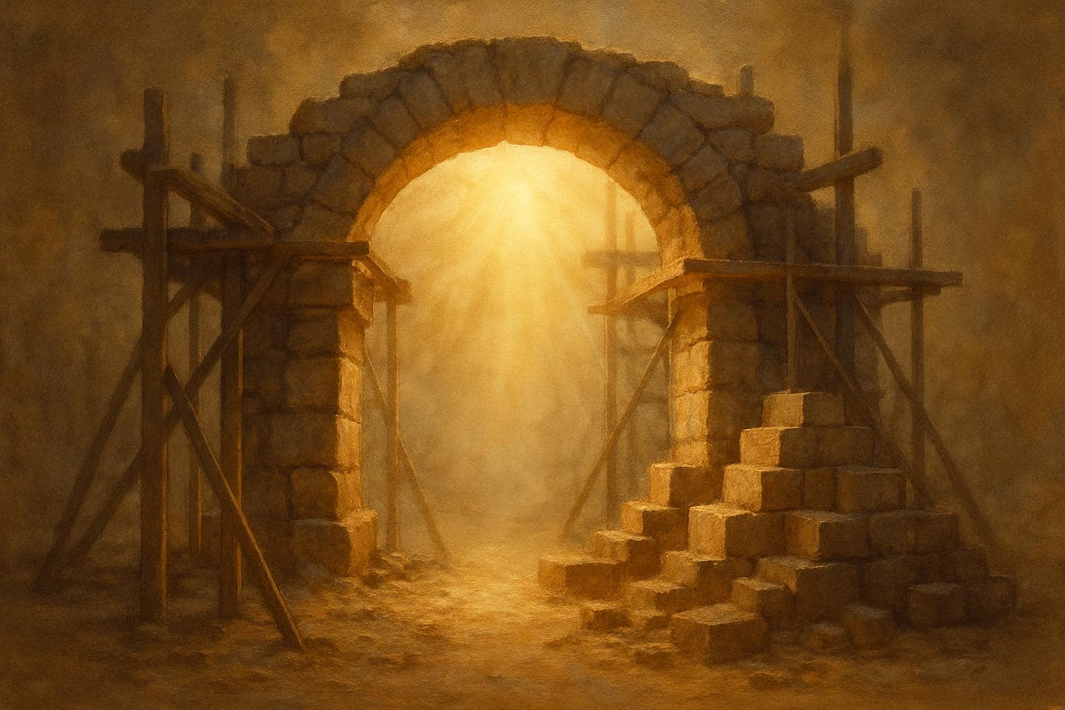 Stone archway bathed in warm sunlight symbolizing steady foundations