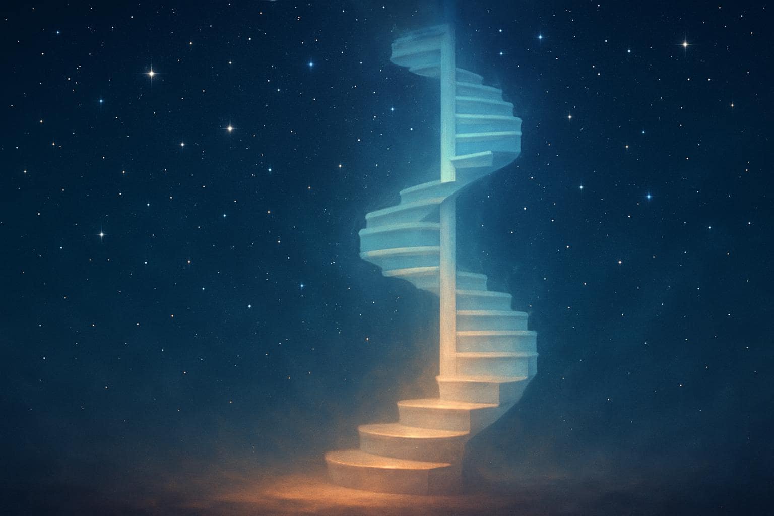 Glowing staircase of light ascending into a starry sky, symbolizing steady spiritual and personal growth