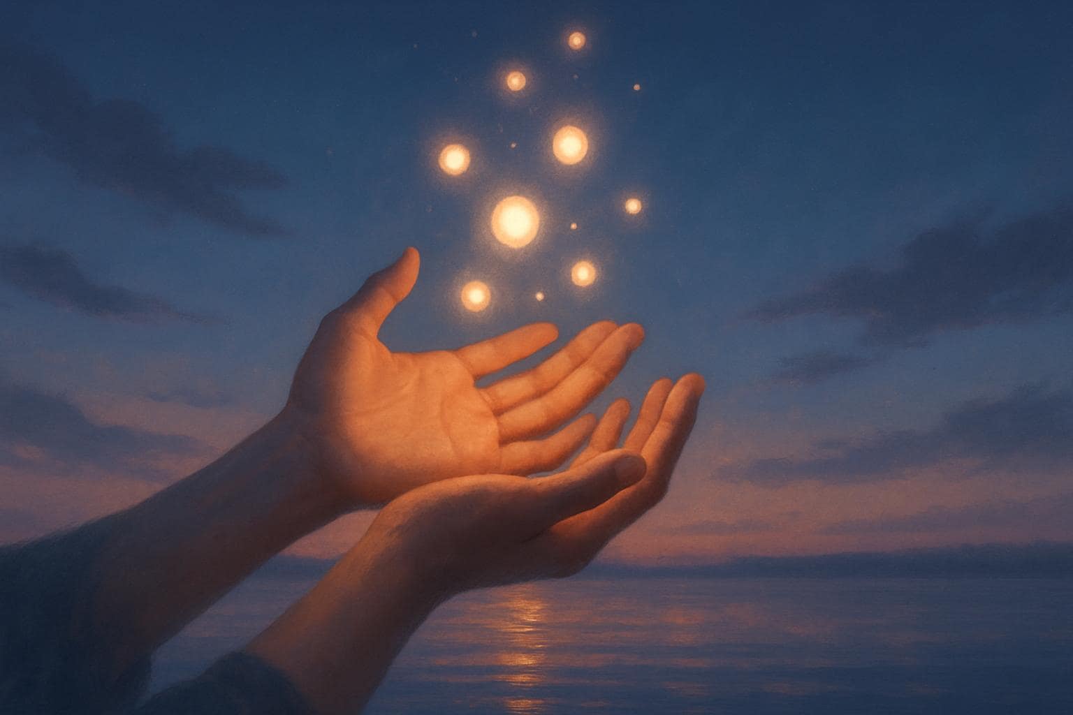 Hands releasing glowing orbs of light into a twilight sky above still water, symbolizing trust and renewal