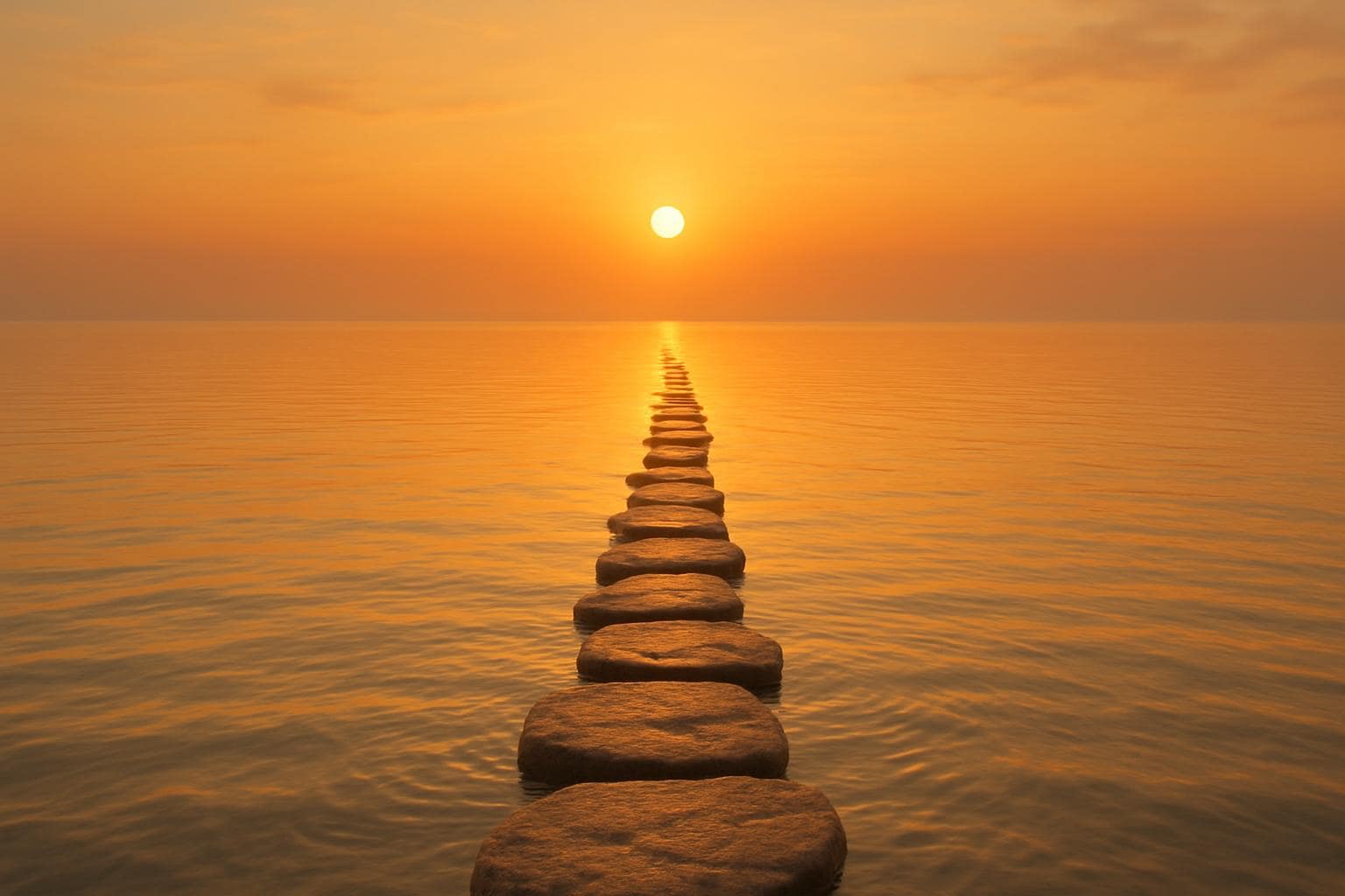 Sunrise over calm water symbolizing steady progress and balance
