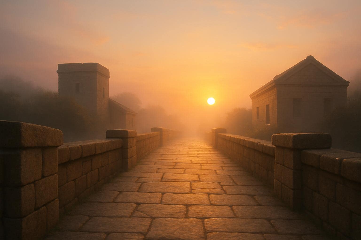 A stone pathway leading toward a glowing sunrise, symbolizing stability leading to new beginnings