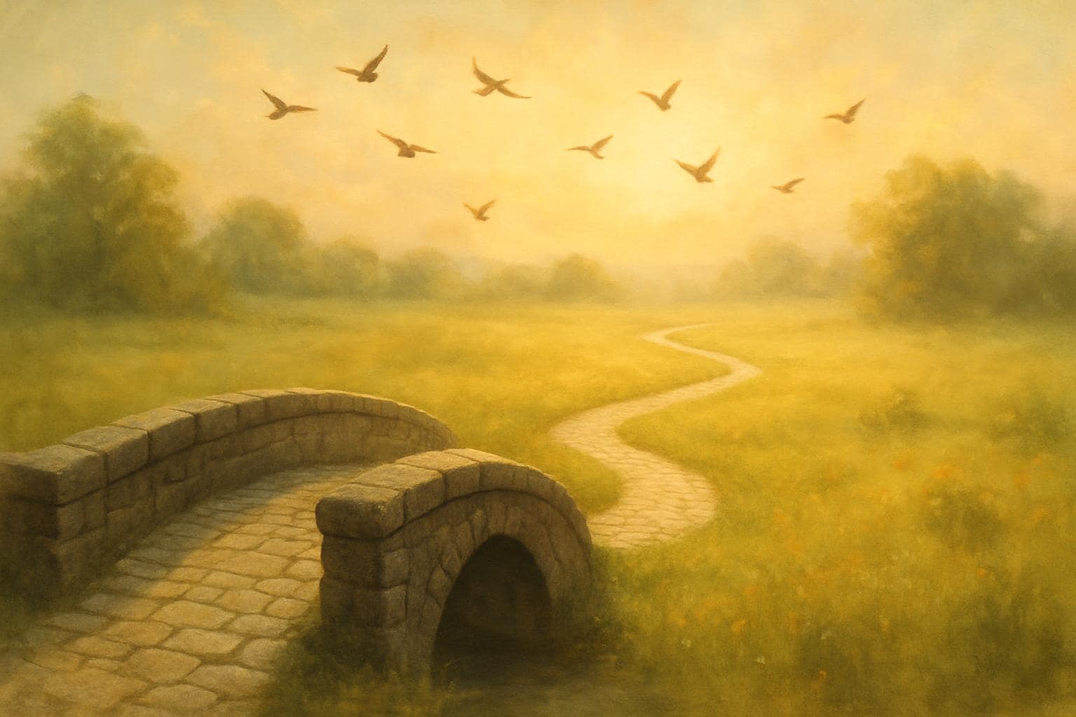 A stone path leading from a bridge into an open meadow symbolizing structure leading to freedom