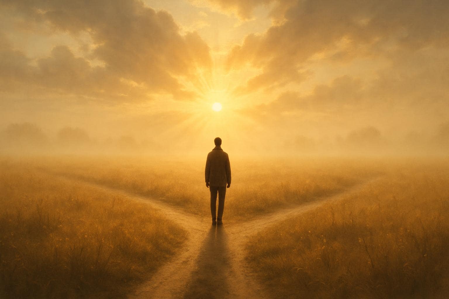 A person standing at a glowing crossroads symbolizing new beginnings and freedom