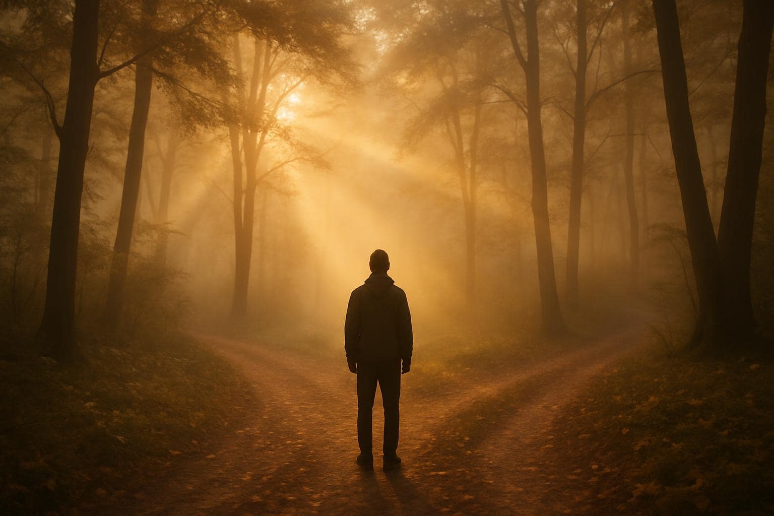 Person standing at a misty forest crossroads bathed in golden light, symbolizing change and new direction