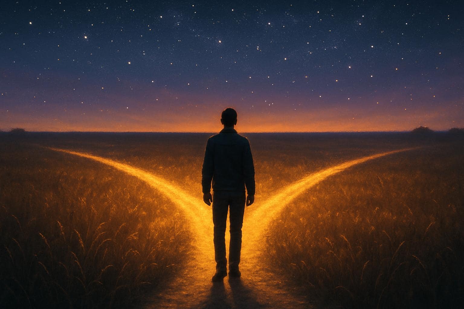 A figure standing at a glowing crossroads symbolizing change and new beginnings