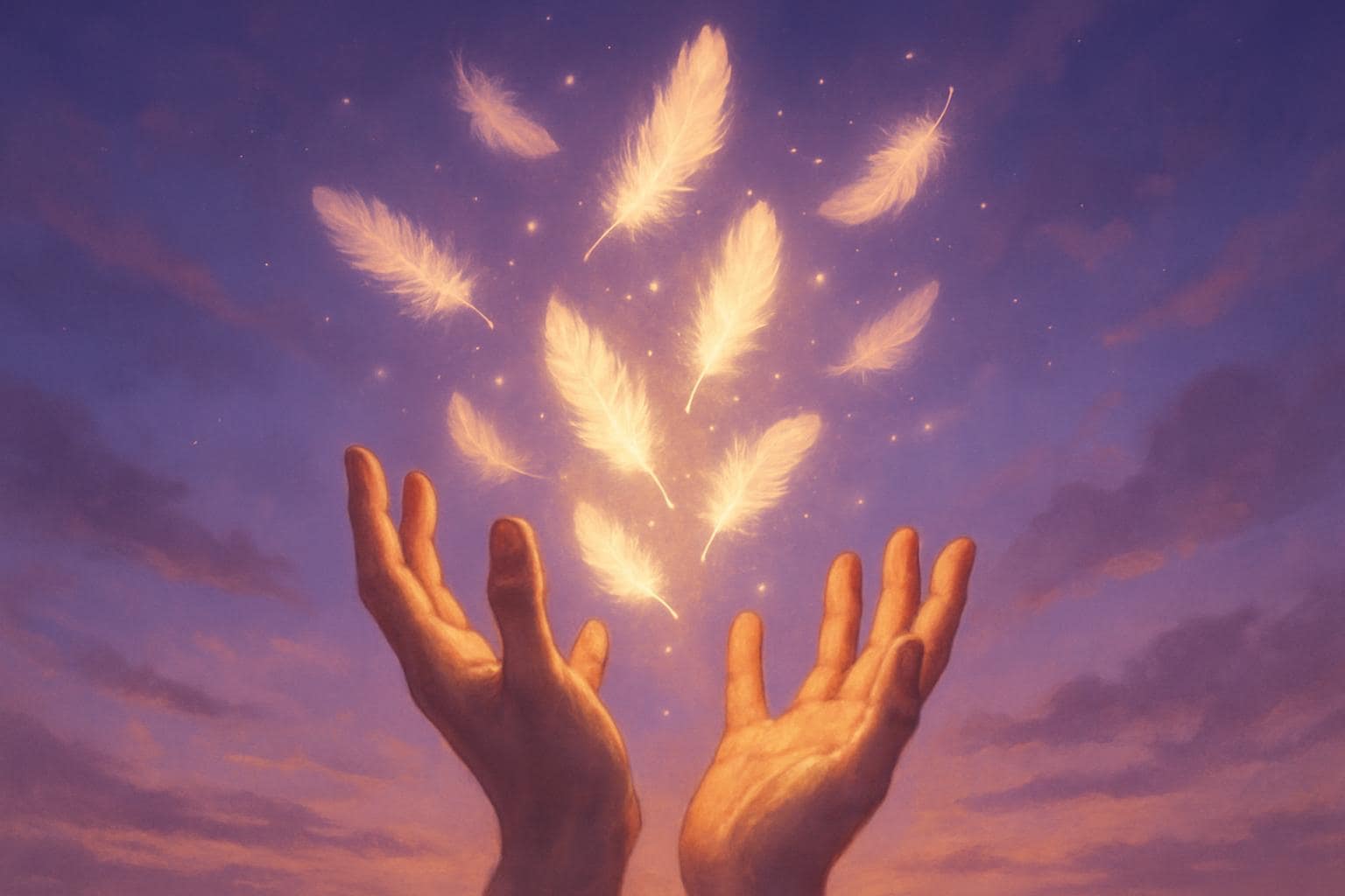 Hands releasing glowing light particles into the sky symbolizing letting go