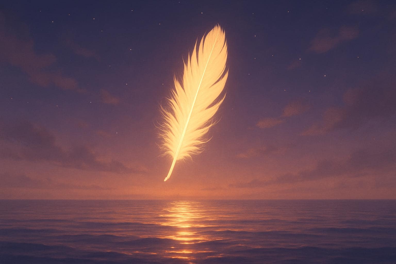A glowing feather drifting through twilight sky above calm water, symbolizing spiritual change