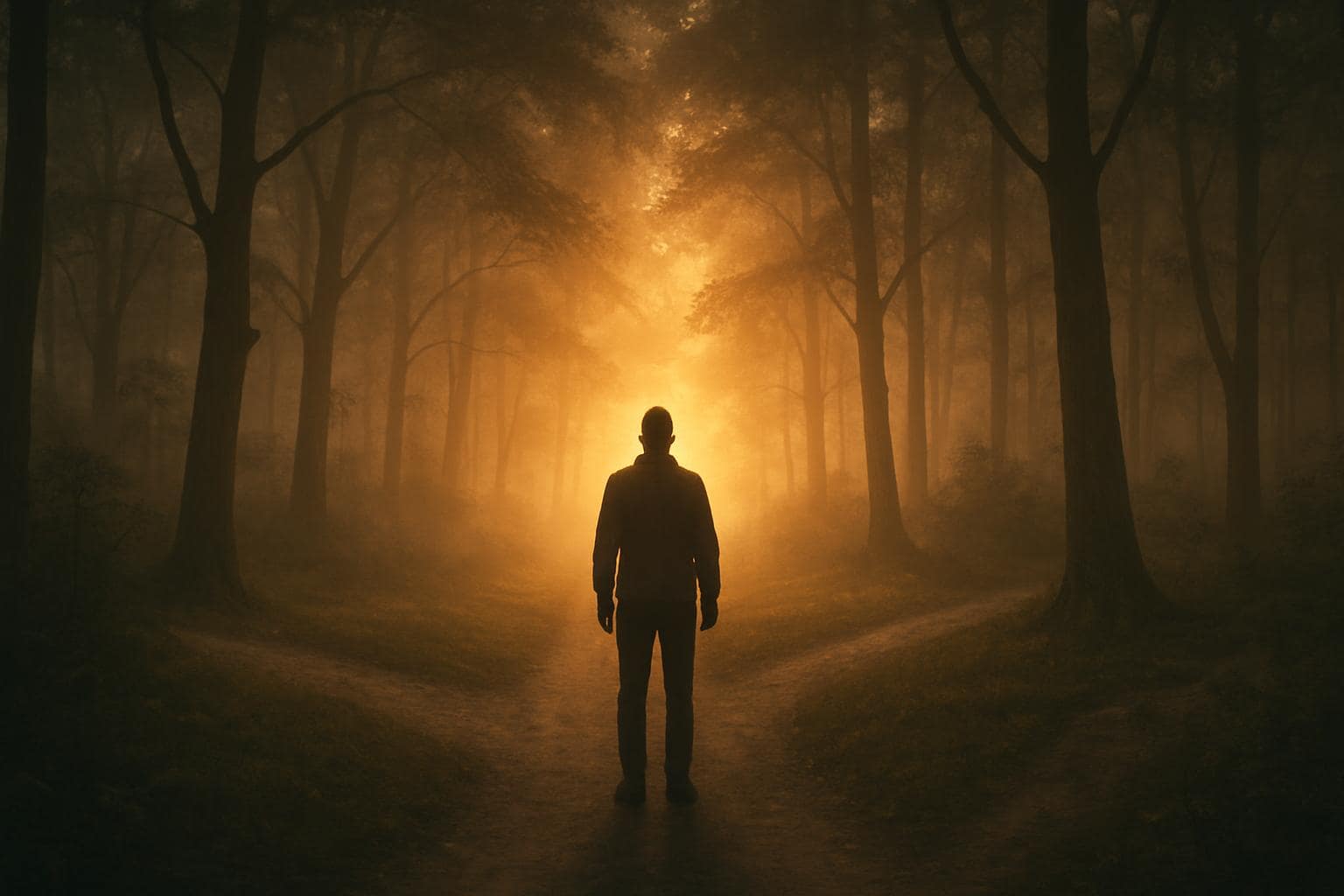 Silhouette at a misty forest crossroads with warm dawn light, symbolizing a new beginning
