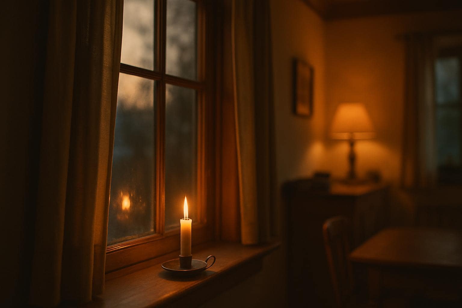 A warmly lit candle on a windowsill symbolizing balance between home and personal growth
