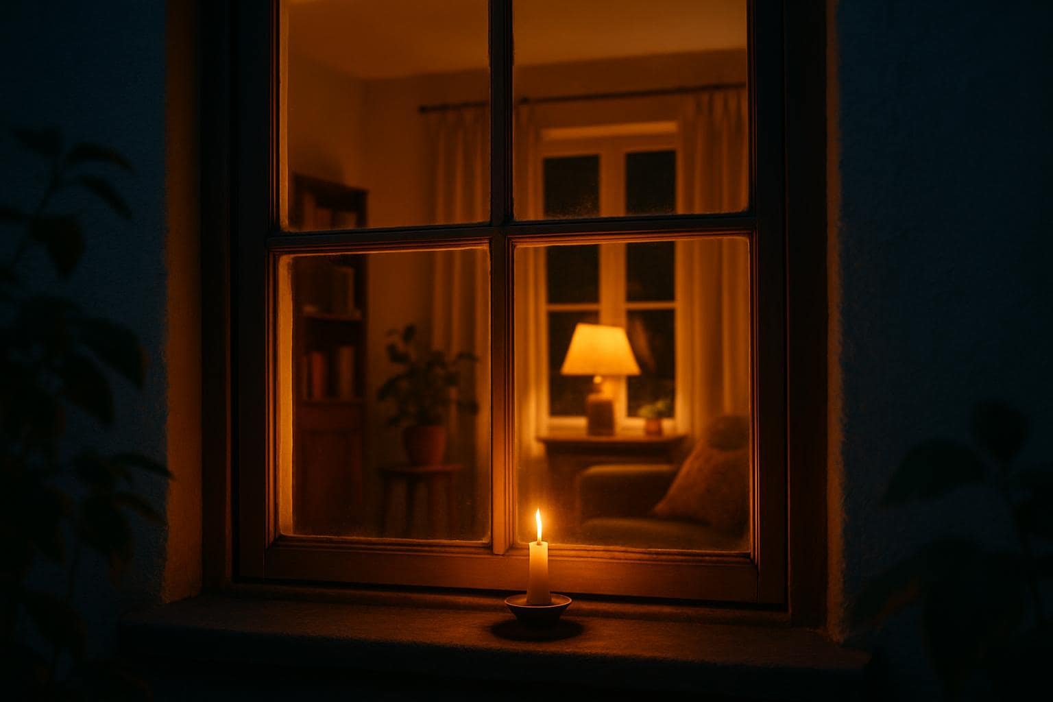 Warmly lit home window at dusk symbolizing balance between material life and new beginnings