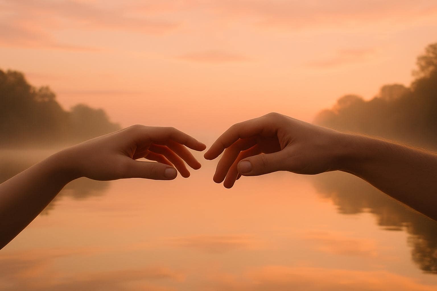 Hands reaching toward each other over a calm lake symbolizing love and balance