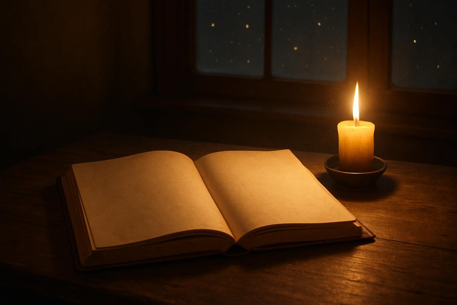 Journal and candle on a table with soft golden light and starry window glow