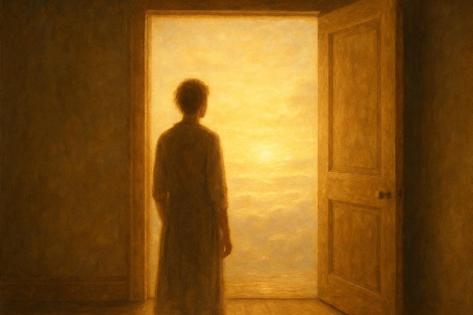 A figure standing in a glowing doorway symbolizing new beginnings and inner reflection