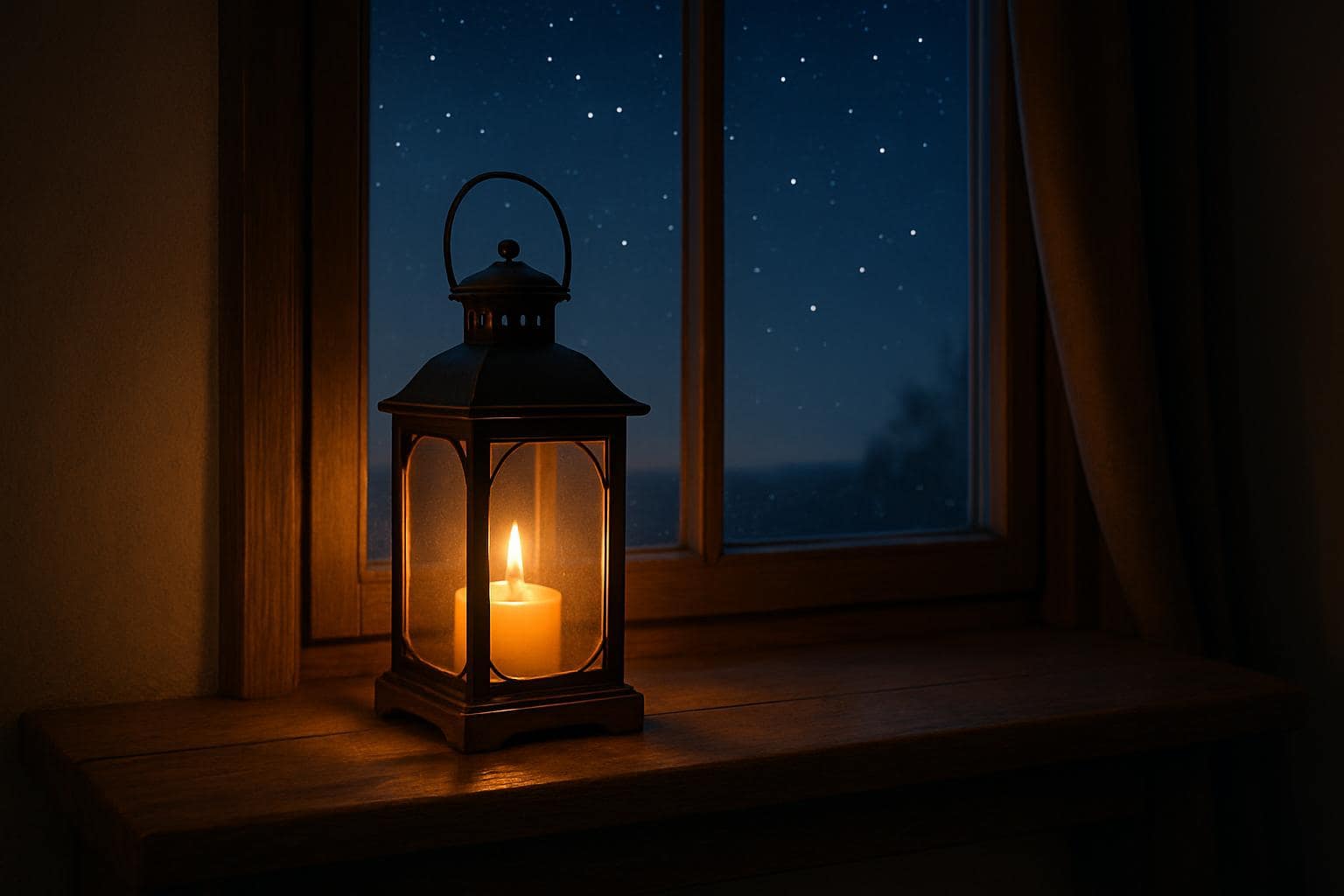 A warm lantern glowing on a windowsill at dusk symbolizing quiet spiritual reflection