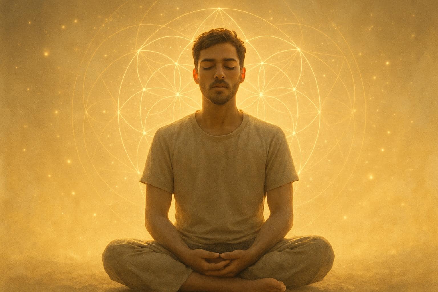Person meditating in golden light representing spiritual alignment with angel number 7777