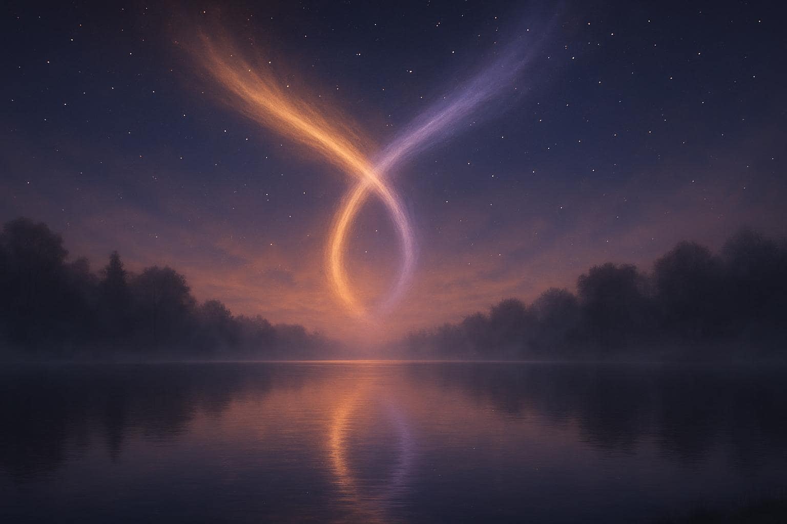 Two beams of light uniting over water symbolizing twin flame connection and 7777