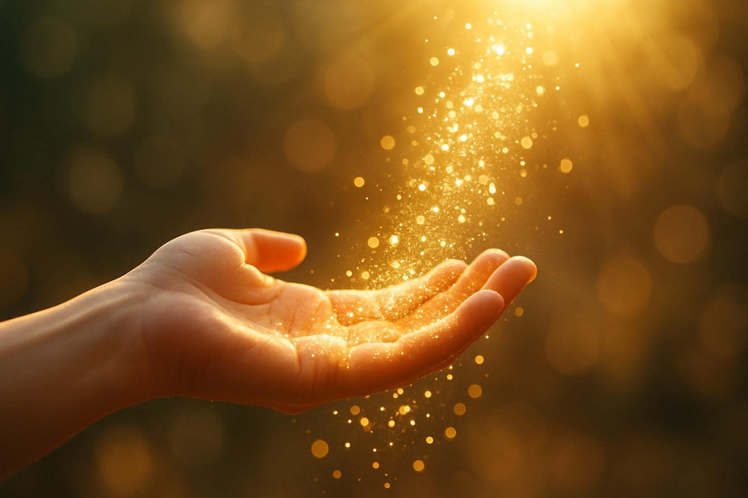 An open hand releasing golden light particles symbolizing generosity and financial abundance