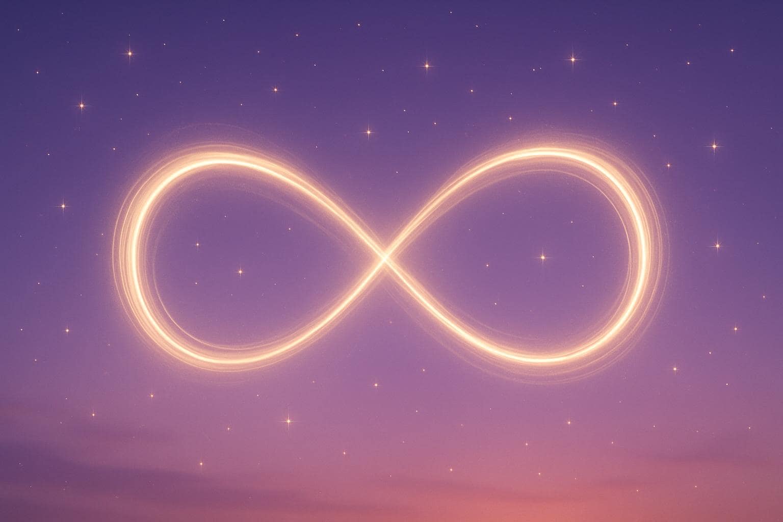 Glowing infinity-shaped light trails symbolizing balance and karmic reward