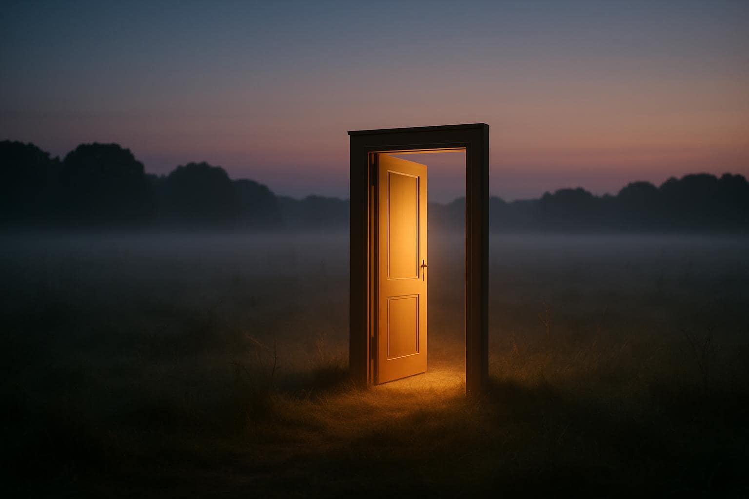 A glowing doorway in a twilight field symbolizing an ending giving way to a new beginning