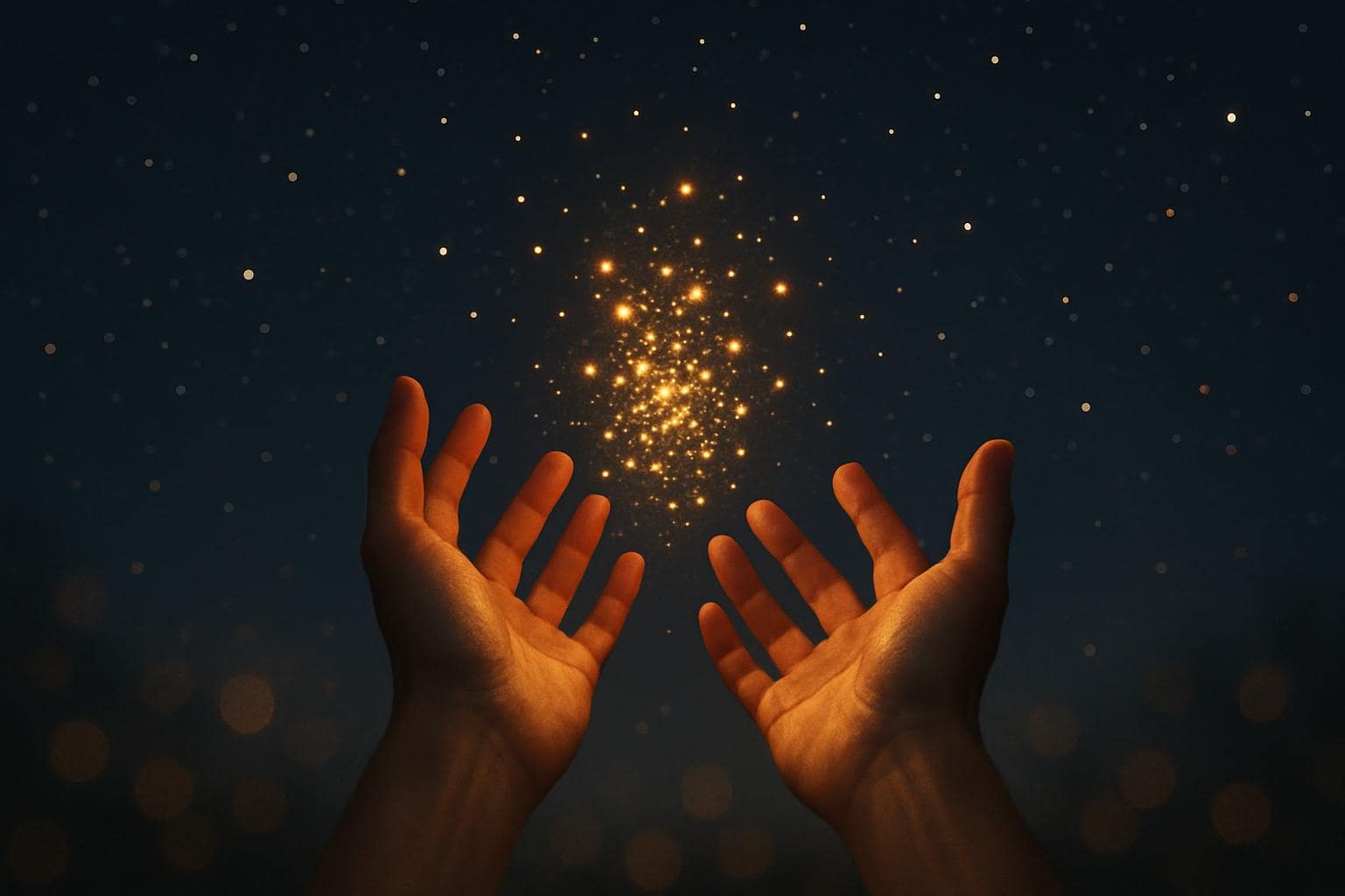 Hands releasing glowing light into the night sky symbolizing letting go and new growth