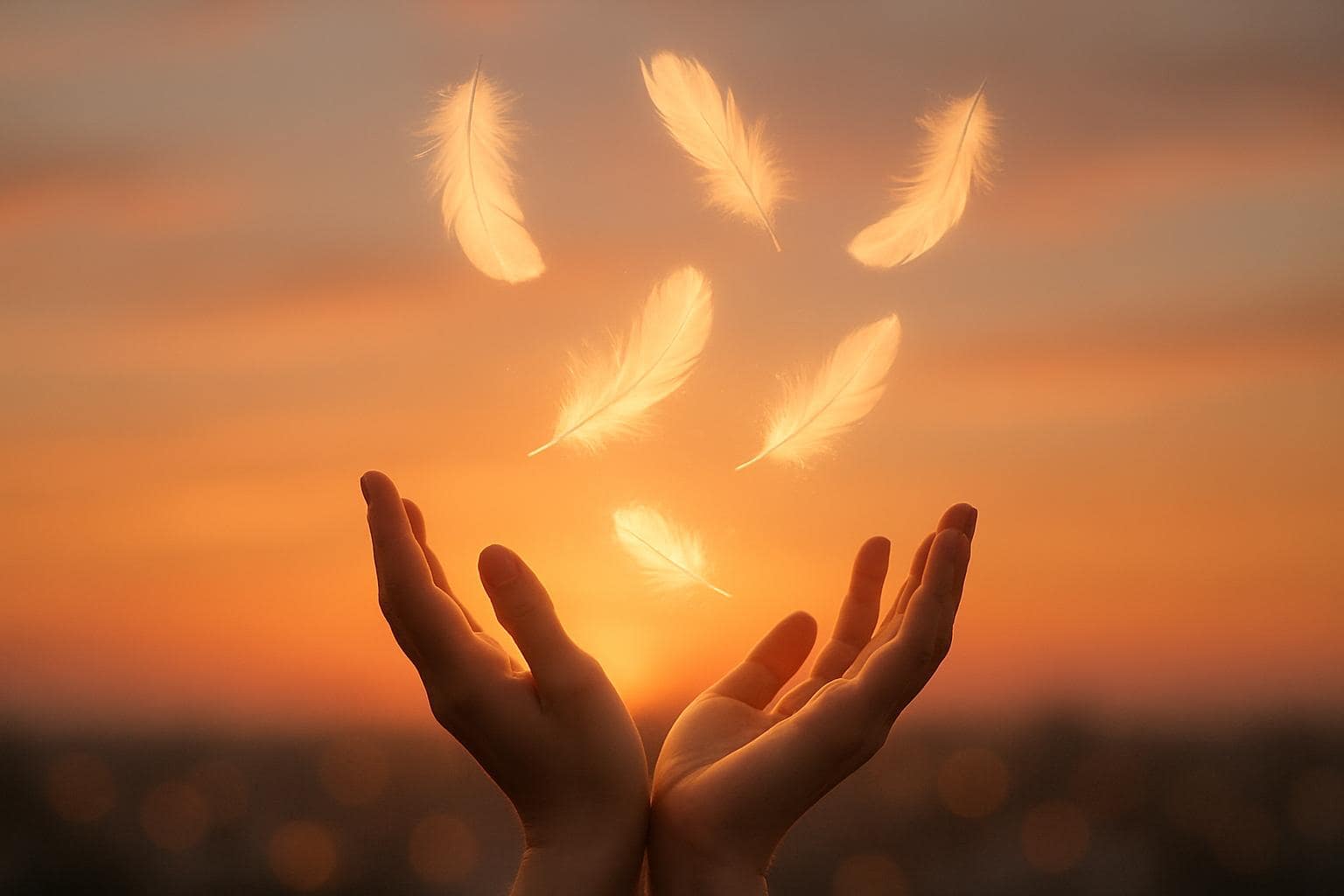 Hands releasing glowing feathers into a warm sunset sky symbolizing graceful release