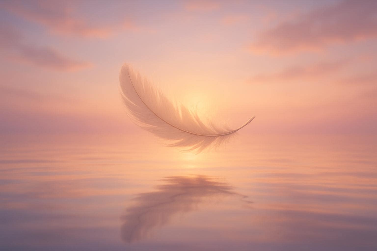 A feather floating above calm water symbolizing spiritual transition and renewal