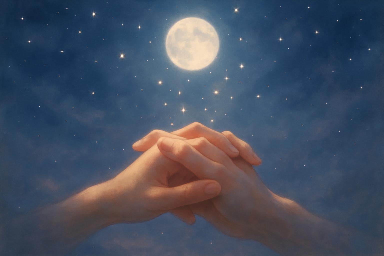 Two hands gently intertwined under soft moonlight symbolizing new love