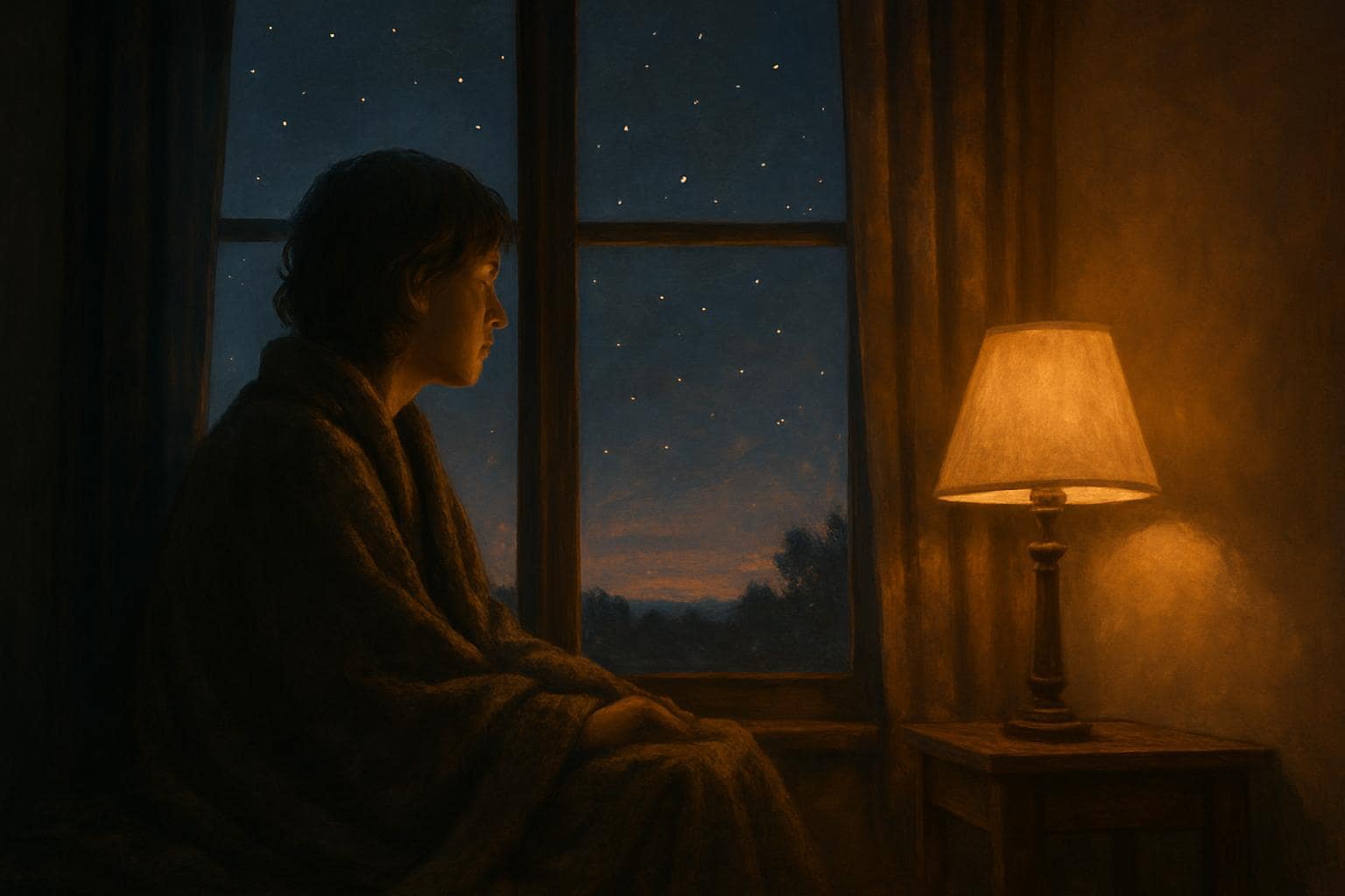 A person sitting quietly by a window at dusk, reflecting during a period of emotional distance