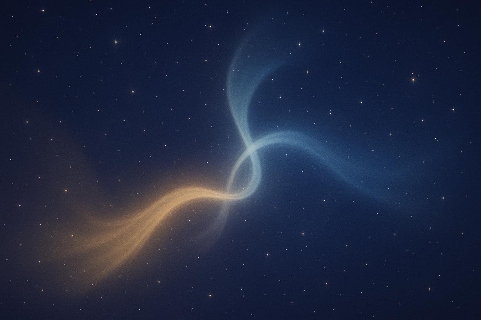 Two soft beams of light meeting in a starry sky, symbolizing a spiritual connection across distance