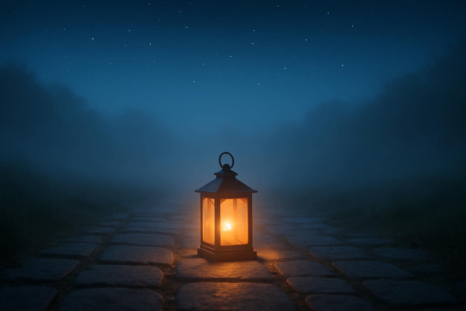 A glowing lantern on a misty stone path at dusk, symbolizing gentle guidance through a karmic life lesson