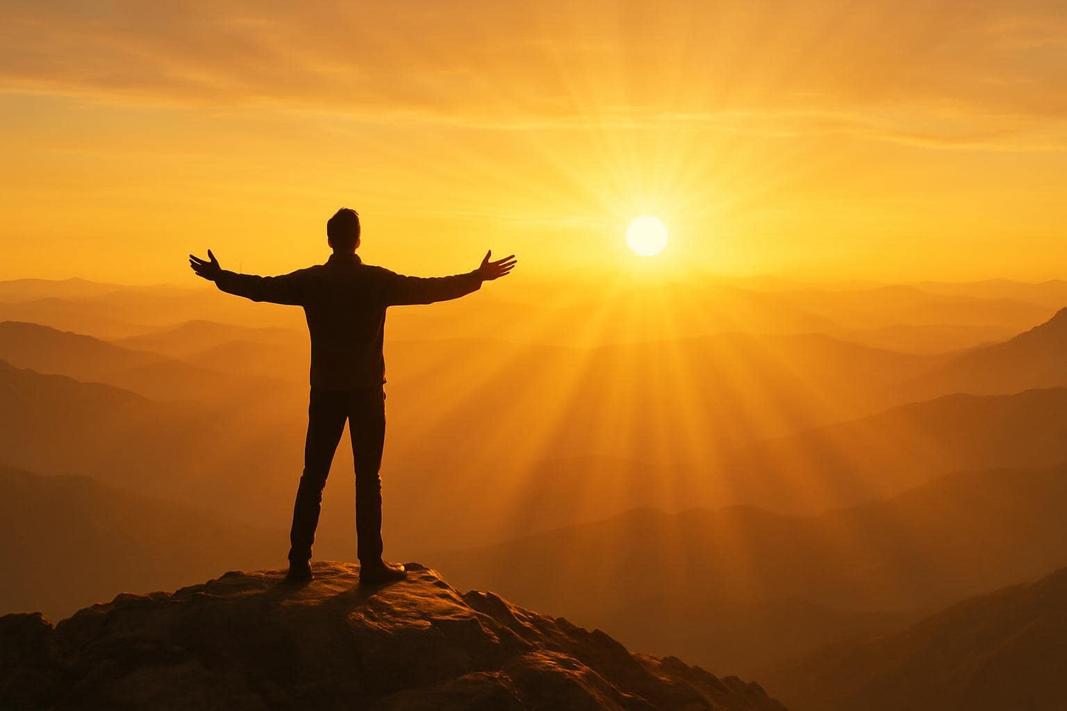 A person standing alone on a mountain peak at sunrise symbolizing Life Path Number 1 leadership and new beginnings