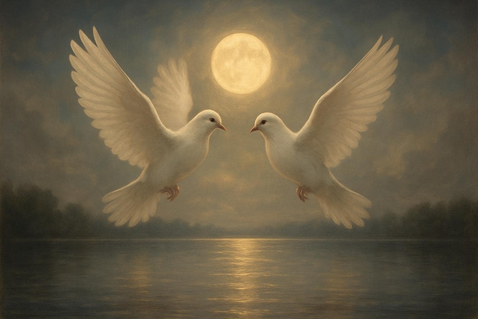 Two doves flying toward each other over a moonlit lake symbolizing harmony and peace