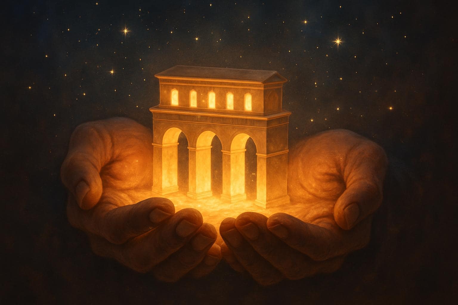 Hands holding a glowing miniature structure symbolizing turning vision into reality