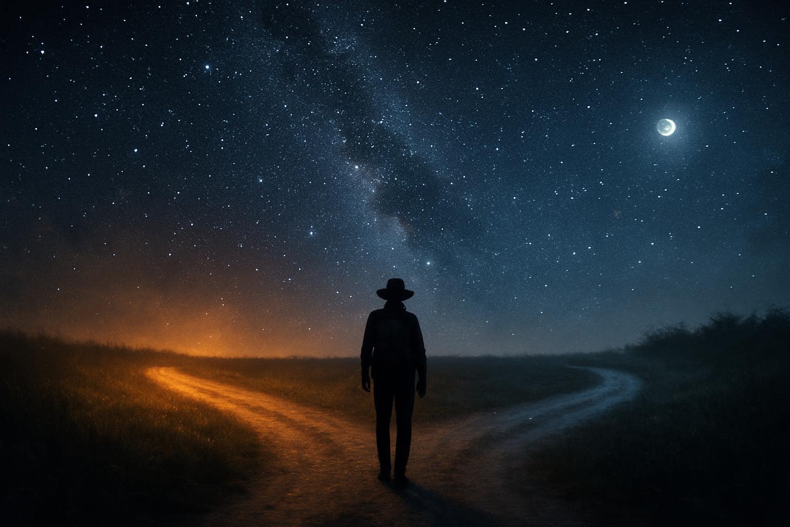 Silhouette of a traveler standing at a starlit crossroads symbolizing freedom and choice