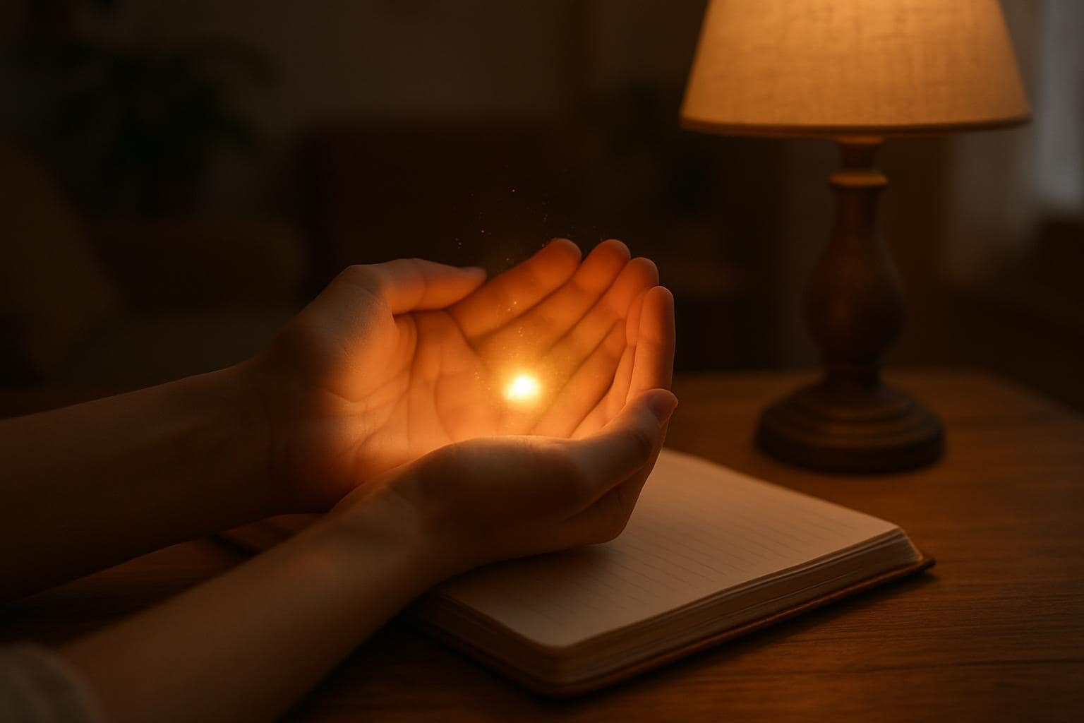 Hands cupping a warm glowing light above a journal, symbolizing nurturing energy