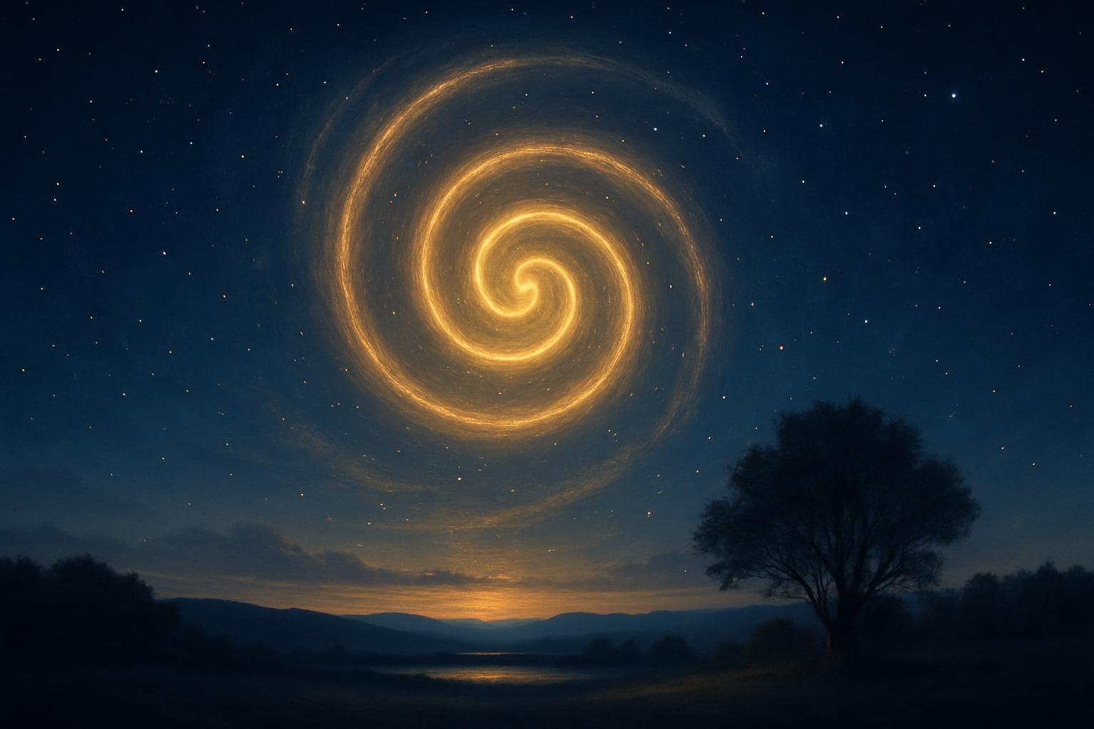 Glowing spiral of light in a night sky symbolizing completion and wisdom
