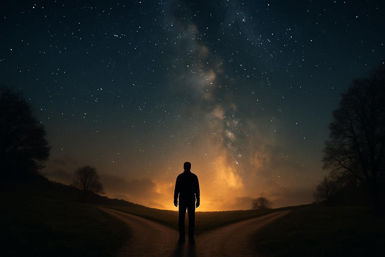 Silhouette at a crossroads under a starlit sky symbolizing change and new direction