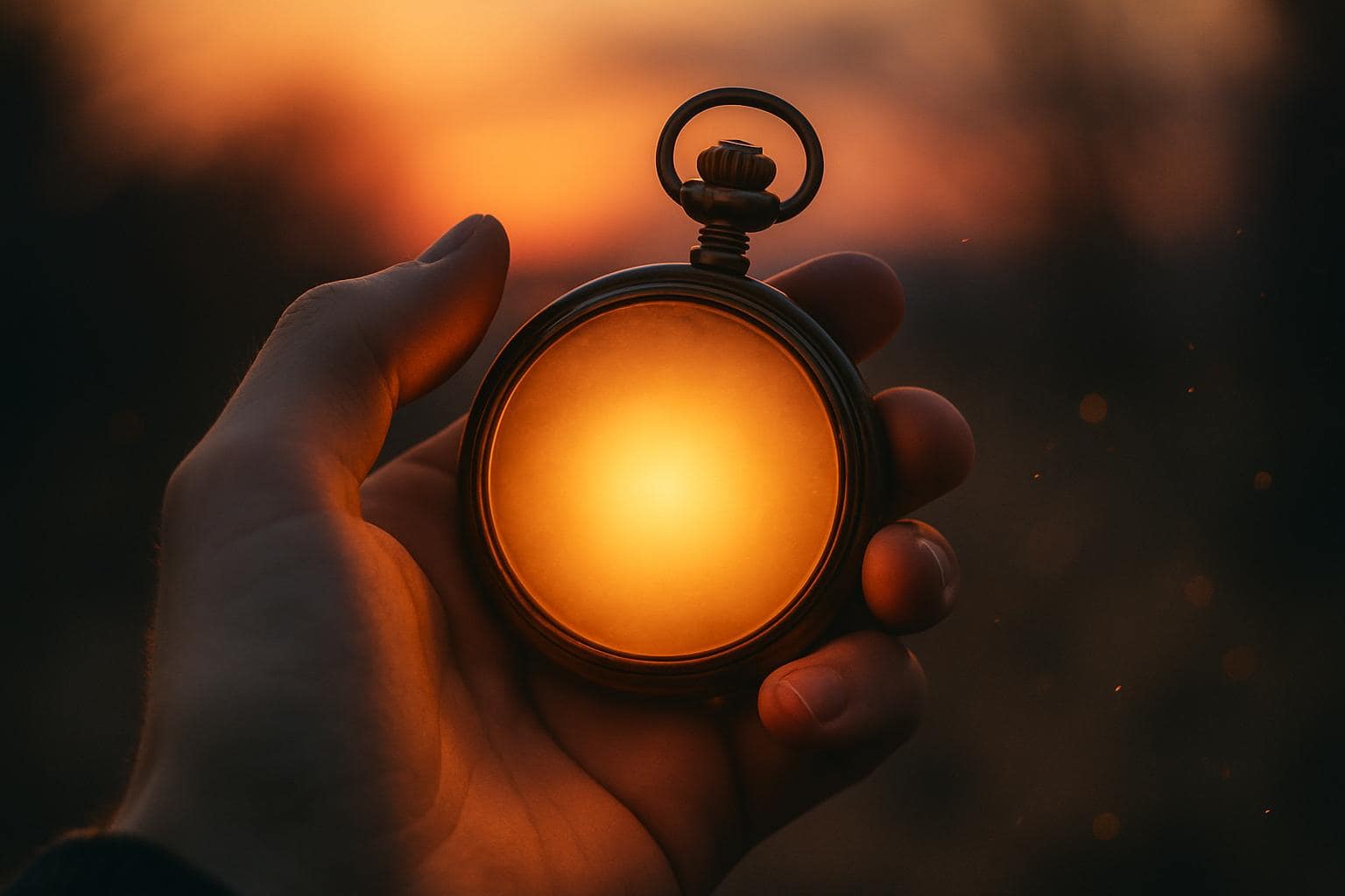 A hand holding a glowing pocket watch at golden hour, symbolizing noticing meaningful moments