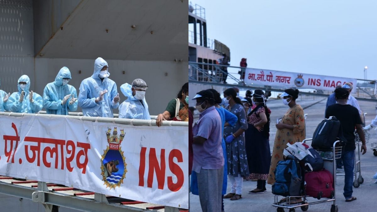 Passengers coming out of INS Jalashwa which carried 588 Indians from the Maldives as part of the second phase of Operation Samudra Setu under the aegis of mission Vande Bharat launched by Government of India, in Kochi on Sunday